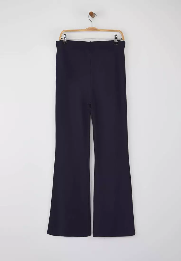 Navy Blue Slimming High Waist Flare/Flare Knitted Plus Size Trousers Tbbss24Ar00033