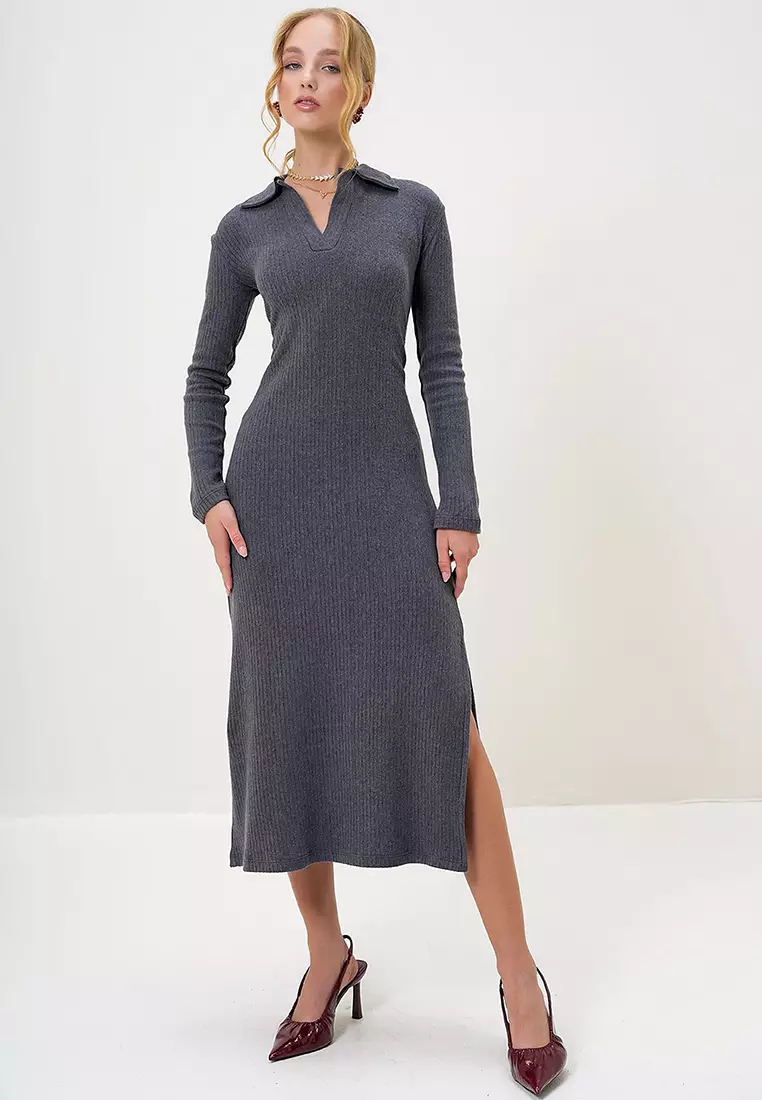 Women's Anthracite Polo Collar Half Placket Side Slit Interlock Fabric Dress