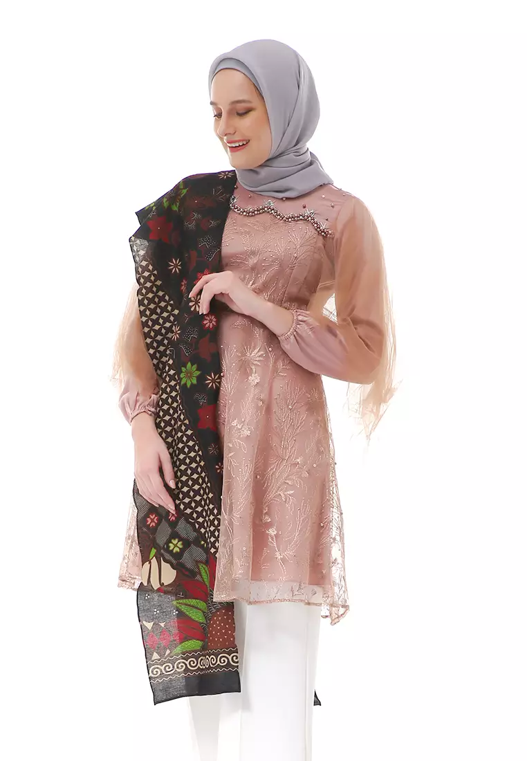 Tunik Long Slevee Motif Batik Atasan Wanita Stlye Premium High Quality - Brown