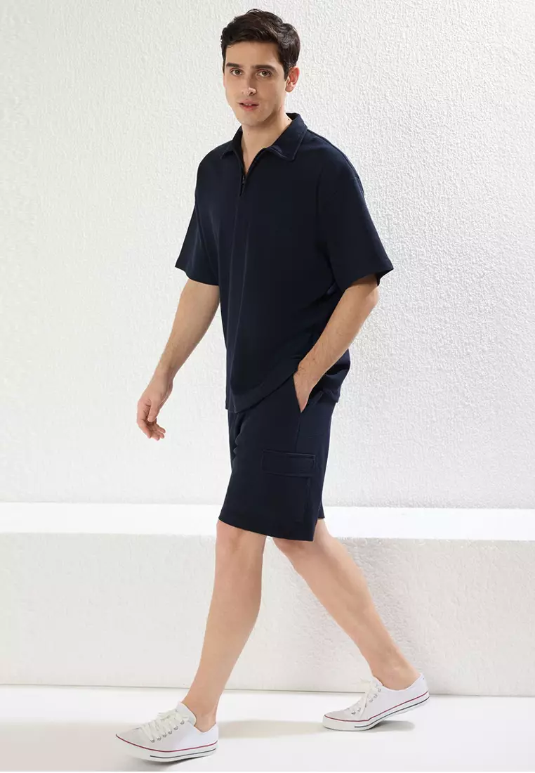 Navy Blue Regular/Normal Cut Zippered Polo Collar-Cargo Pocket Tracksuit TMNSS24EM00000