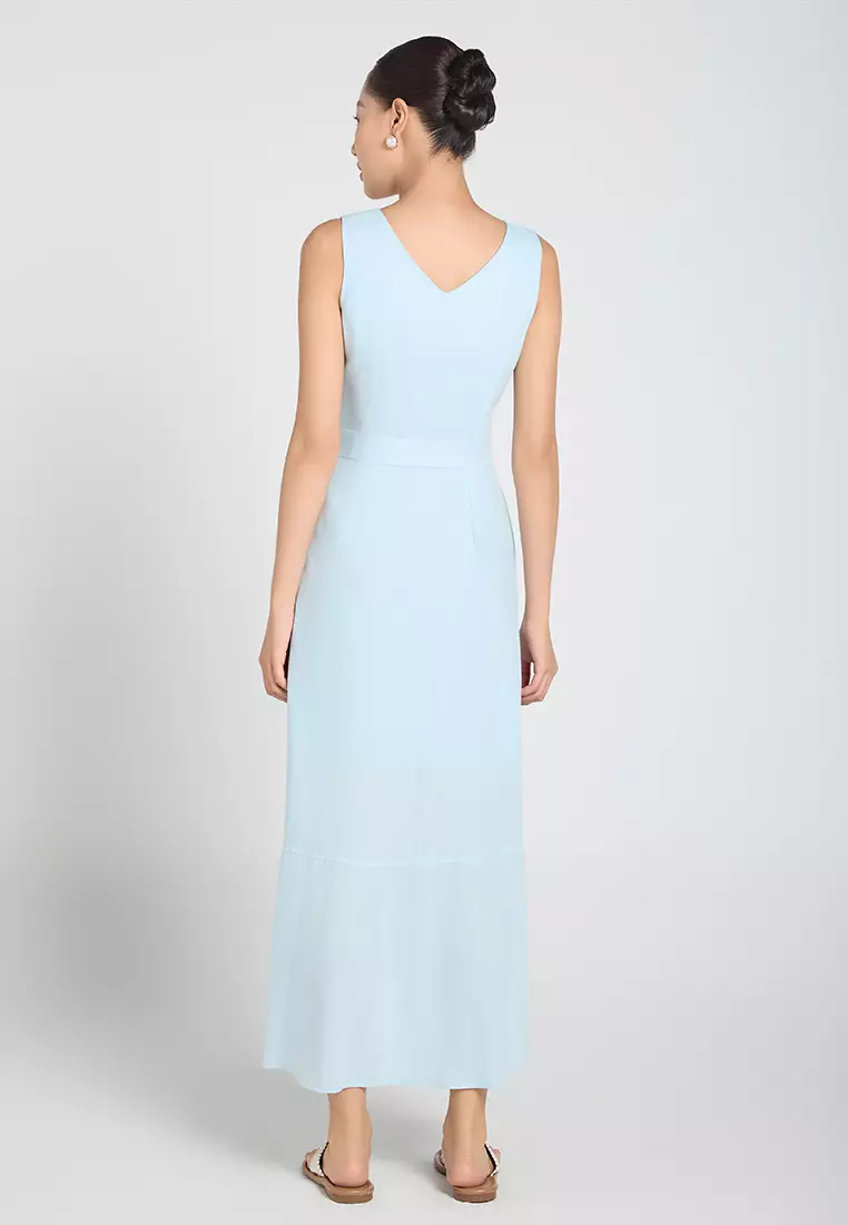 Sleeveless V-neck Embroidered Linen Maxi Dress