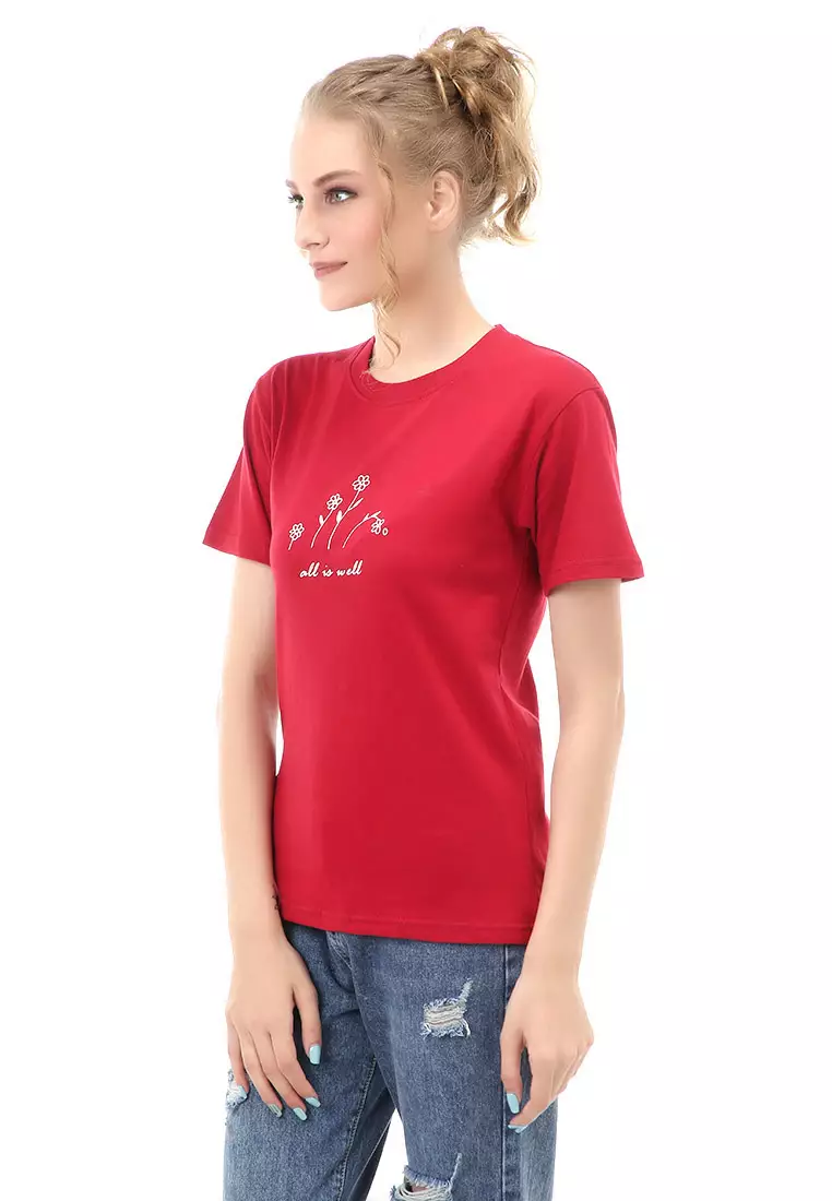 Genevie T-Shirt Kaos Kasual Wanita All Is Well Short Sleeve Material Cotton Combed ORIGINAL - Maroon