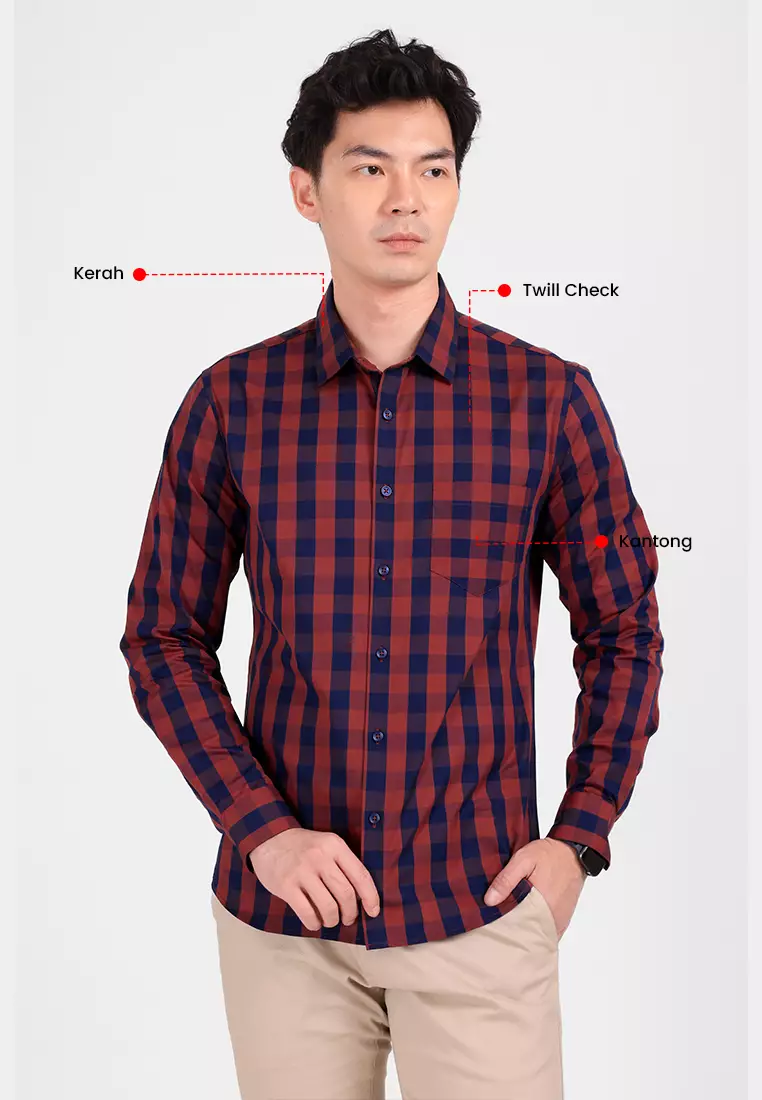 MANZONE - Kemeja Lengan Panjang Pria Austin Slim Fit - Maroon Warna Maroon