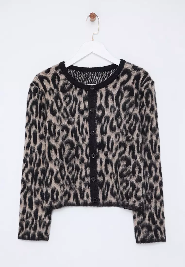 Brown Leopard Patterned Knitted Cardigan TWOAW25HI00378