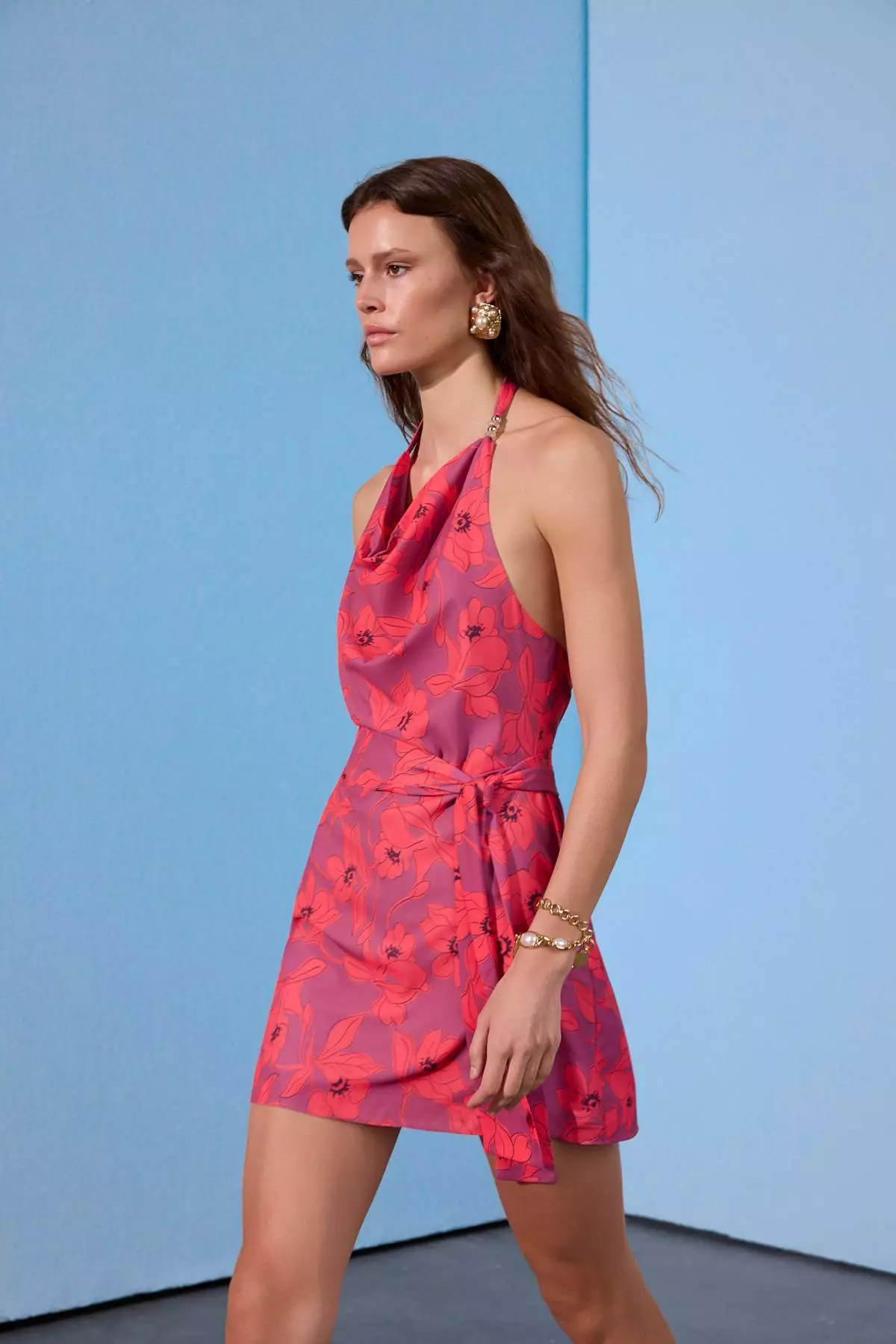 Limited Edition Pink Floral Degaje Collar Short / Mini Woven Dress Twoss26El4