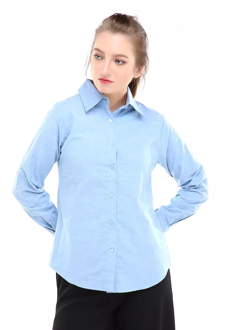 Jeanly Kemeja Lengan Panjang Motif Solid Atasan Wanita Regular Fit - Denim