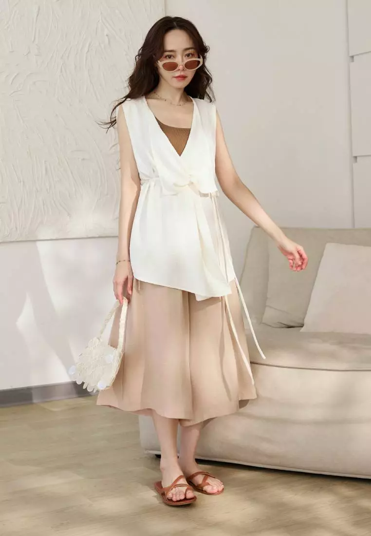 Breathable Textured Fabric Drawstring Elastic Waist Cropped Wide-Leg Pants [BA7876]