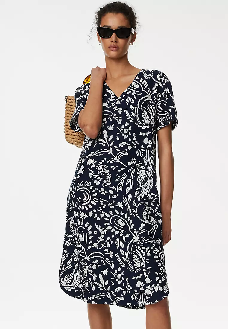 Jual Marks Spencer Linen Rich Printed V Neck Midi Shift Dress Original Zalora Indonesia