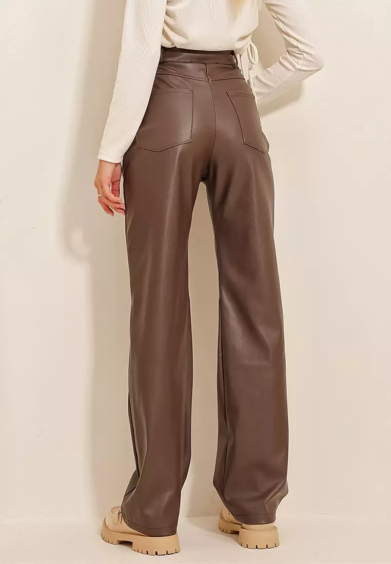 Women's Joggers Pants Trousers Leather Pants Faux Leather Coffee