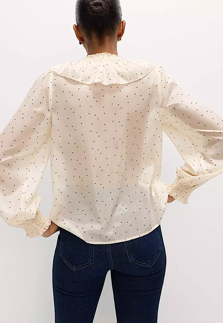 Polka Dot V-Neck Frill Detail Top