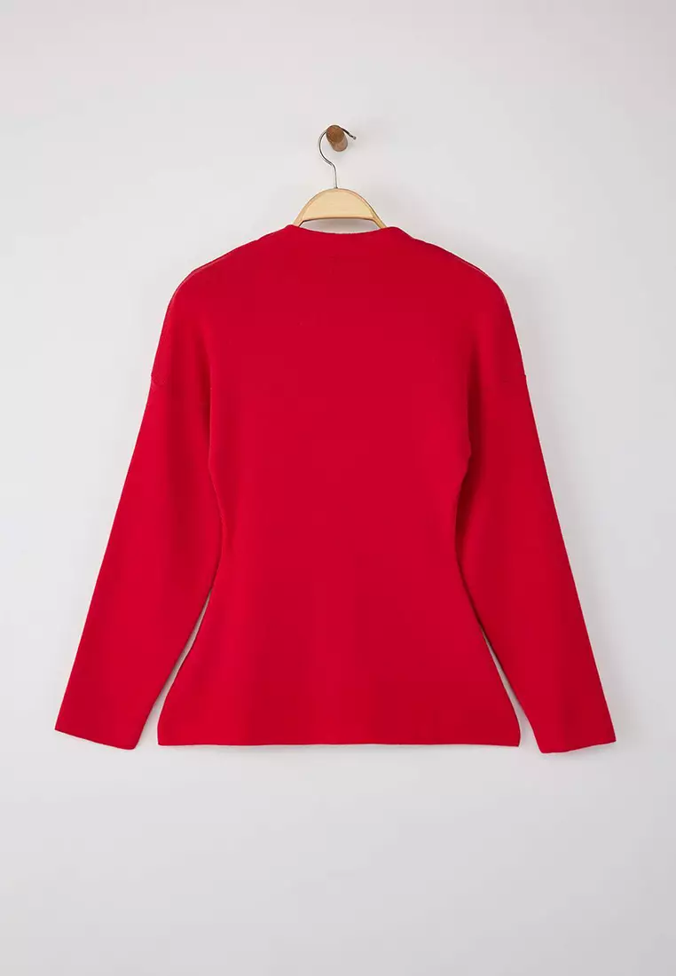 Red V Neck Mercerized Look Premium Yarn/Special Yarn Knitwear Cardigan