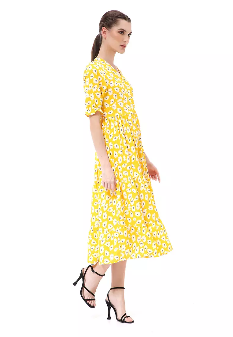 Rachel Midi Dress Wanita Vneck Lengan Pendek Desain Karet Material Polyester ORIGINAL - Yellow