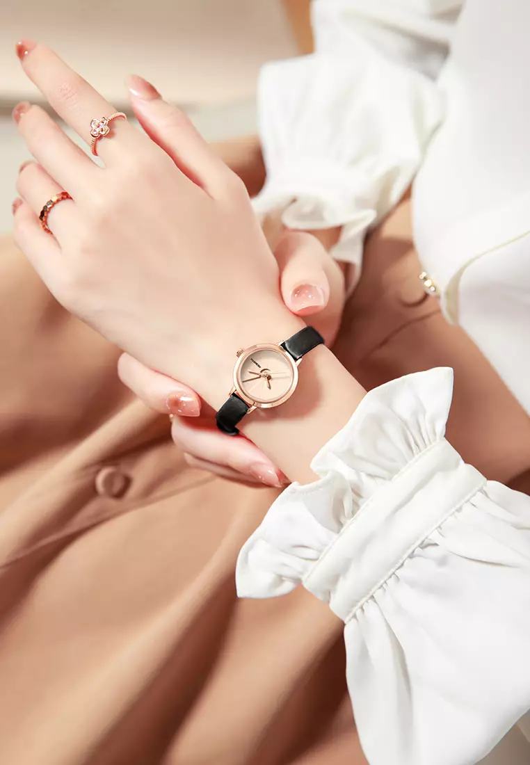 Jam Tangan Wanita Gaya Korea yang Elegan Tali Kulit Anti Air Jam Tangan Cewek Hitam