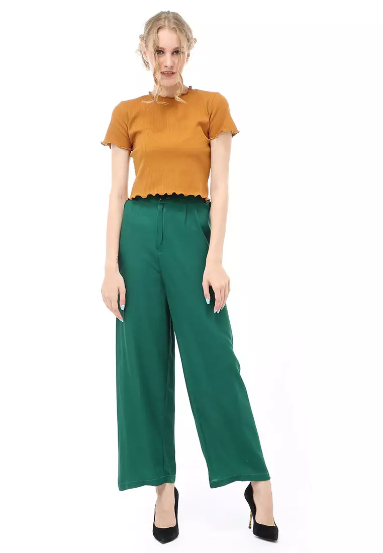 Jourel Celana Panjang Kasual Kulot Highwaist Wanita Style Kancing Resleting Material Rayon ORIGINAL - Green Bottle
