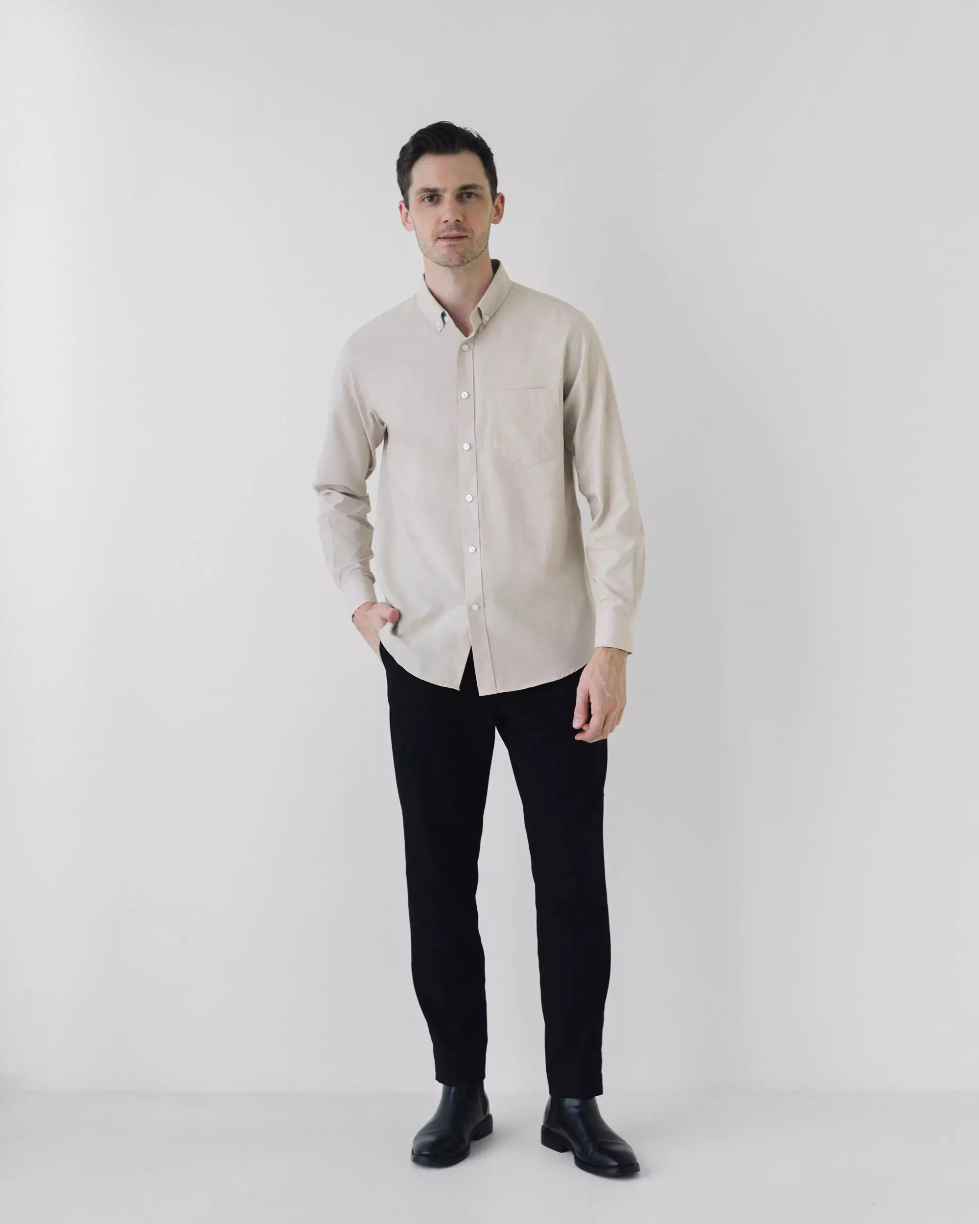 Cotton Well Marc Long Sleeve Oxford Shirt Khaki | Kemeja Pria Lengan Panjang Basic Polos Krem