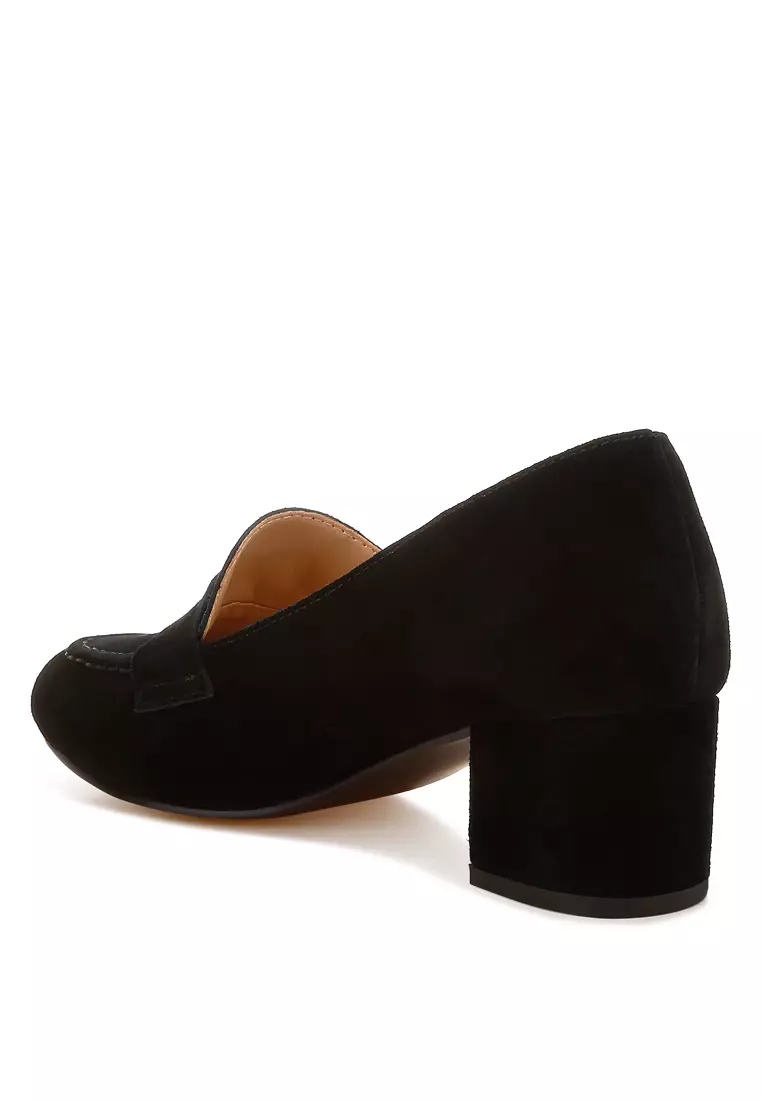 Block Heel Suede Loafers in Black