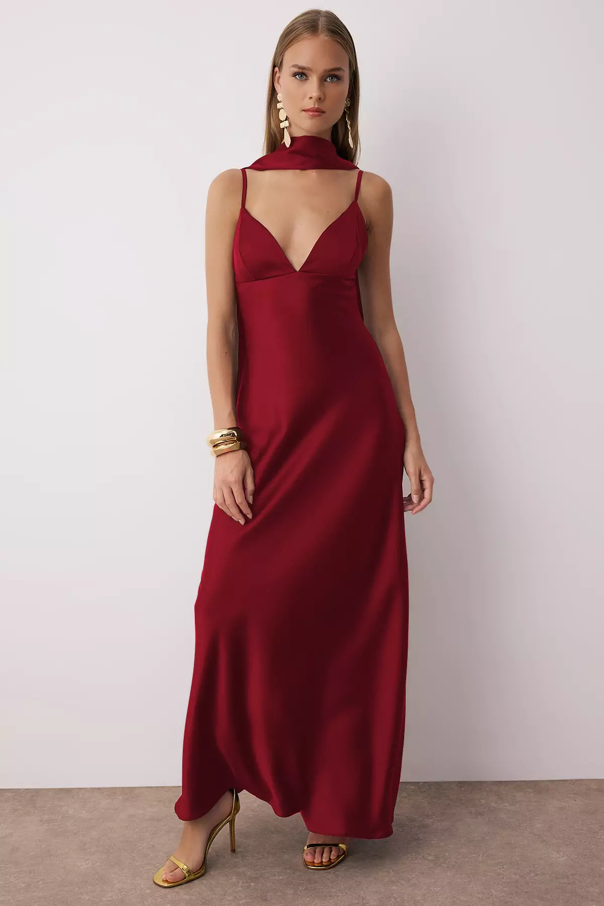 Red Shawl Detailed Satin Woven Maxi Evening Night Graduation Dress