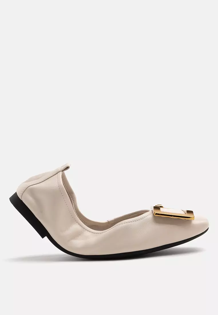 Discount on Pazzion  shoes - SKU: Huda Gold Buckle Foldable Flats Beige