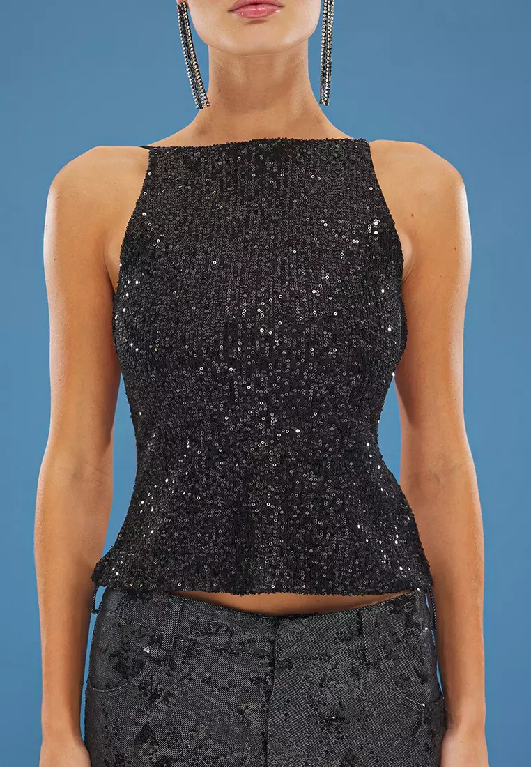 Black Back Detailed Glittery Sequin Knit Blouse Tprss25Bz00036