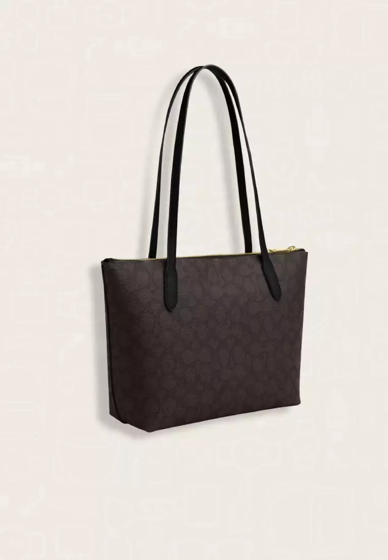 Coach Fiona Zip Tote Bag In Signature Canvas Walnut Black