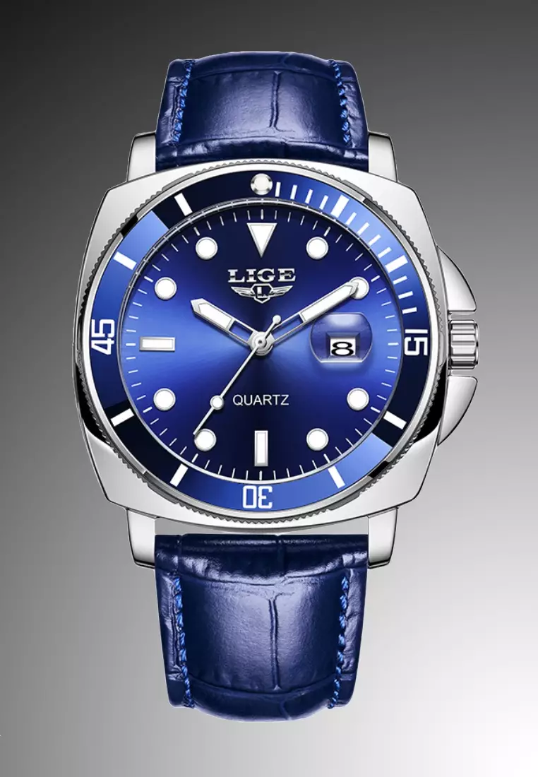 Unisex Classic Diver's Stainless Steel Quartz Watch with turning Bezel, Leather Strap