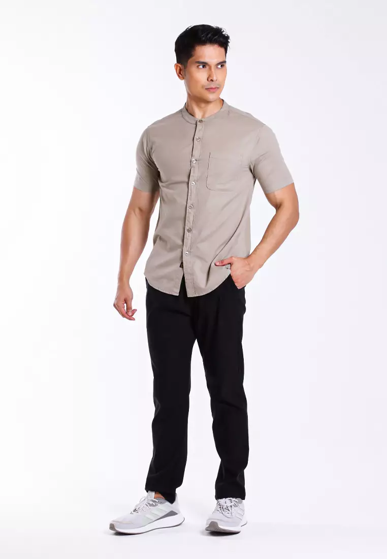 Forest Woven Mandarin Collar Short Sleeve Men Shirt | 621405-14KhakiGreen