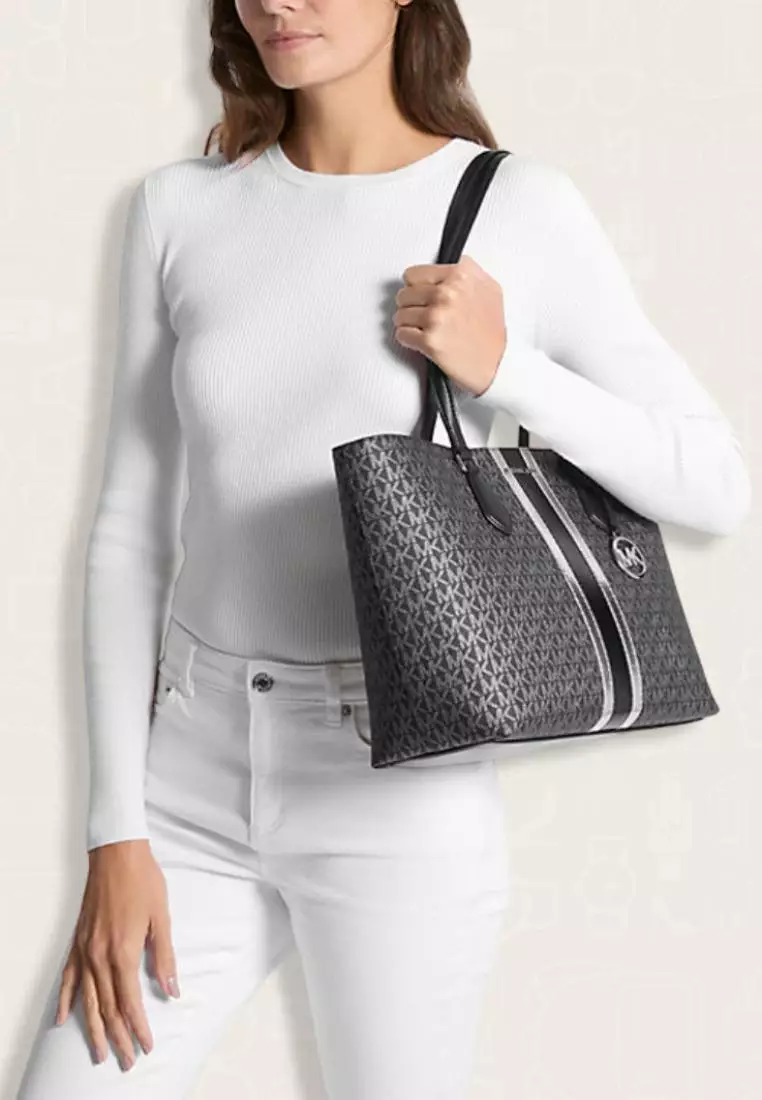 Michael Kors Sheila Large Signature Logo and Metallic Tote Bag Black