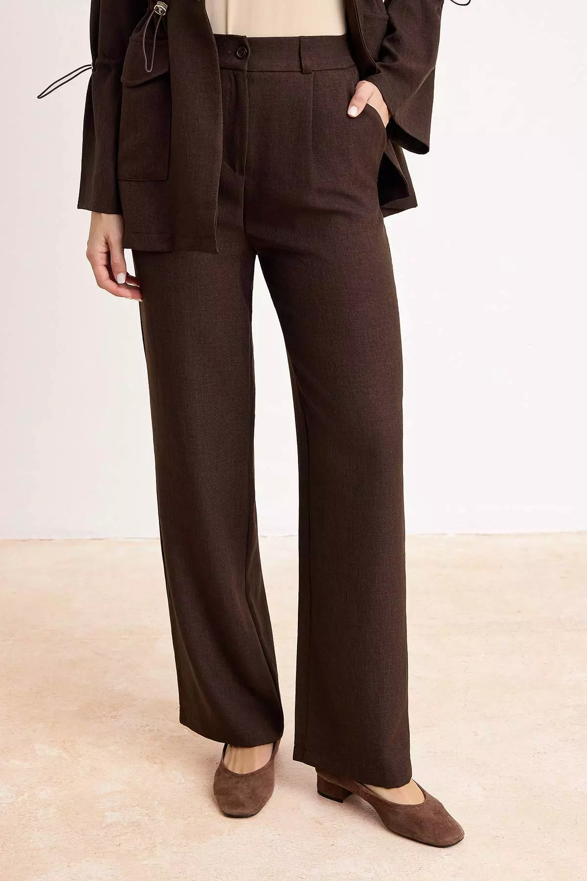 Brown Linen Mixed Beli Ruched Detail Tunic Pant Bottom - Top Set Tctss26Us00030