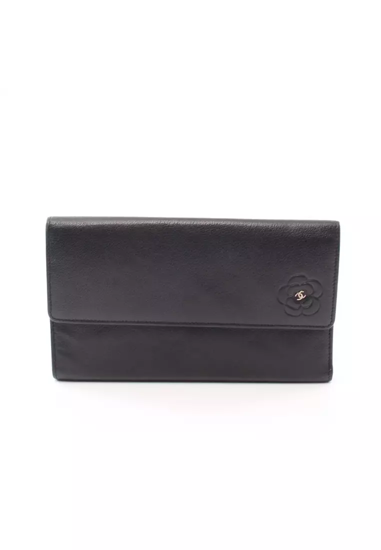 Chanel Pre-loved CHANEL butterfly camellia trifold long wallet leather  black silver hardware 2023, Buy Chanel Online