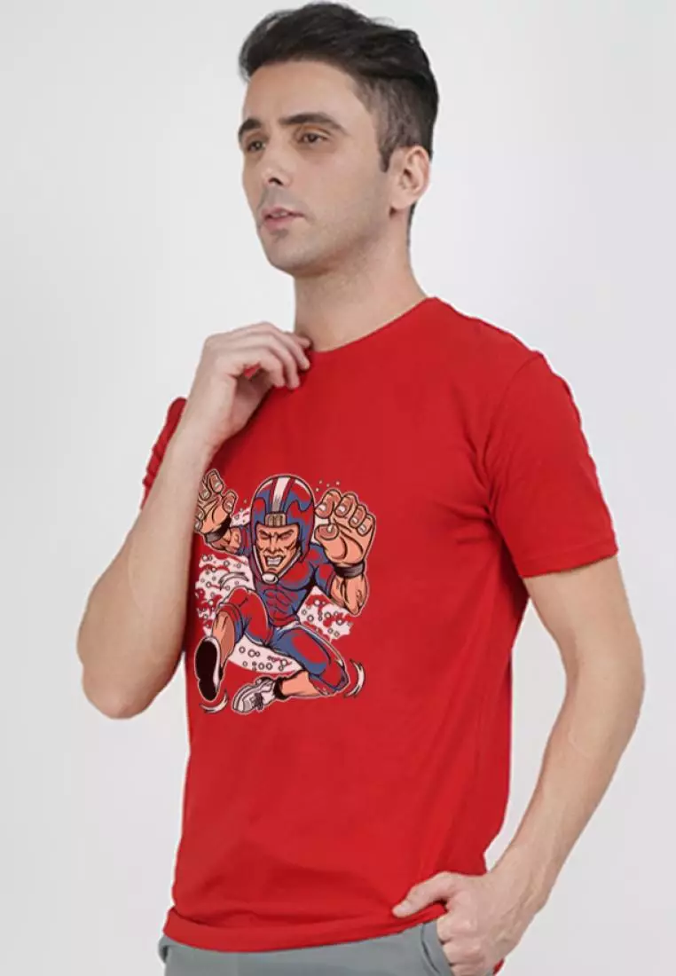 Rugby Football Graphic Red Cotton Short Sleeve Crew Neck Sportswear Tee