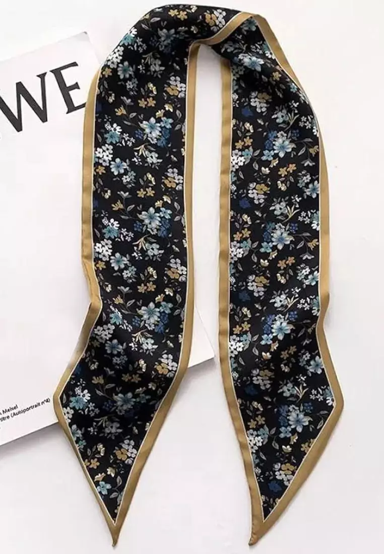Aksesoris Wanita Floral Gold Border Twilly Skinny Multi purpose Scarf Multicolour