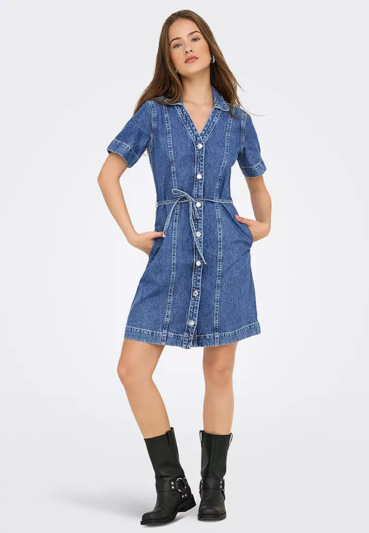 短袖牛仔束腰連身裙