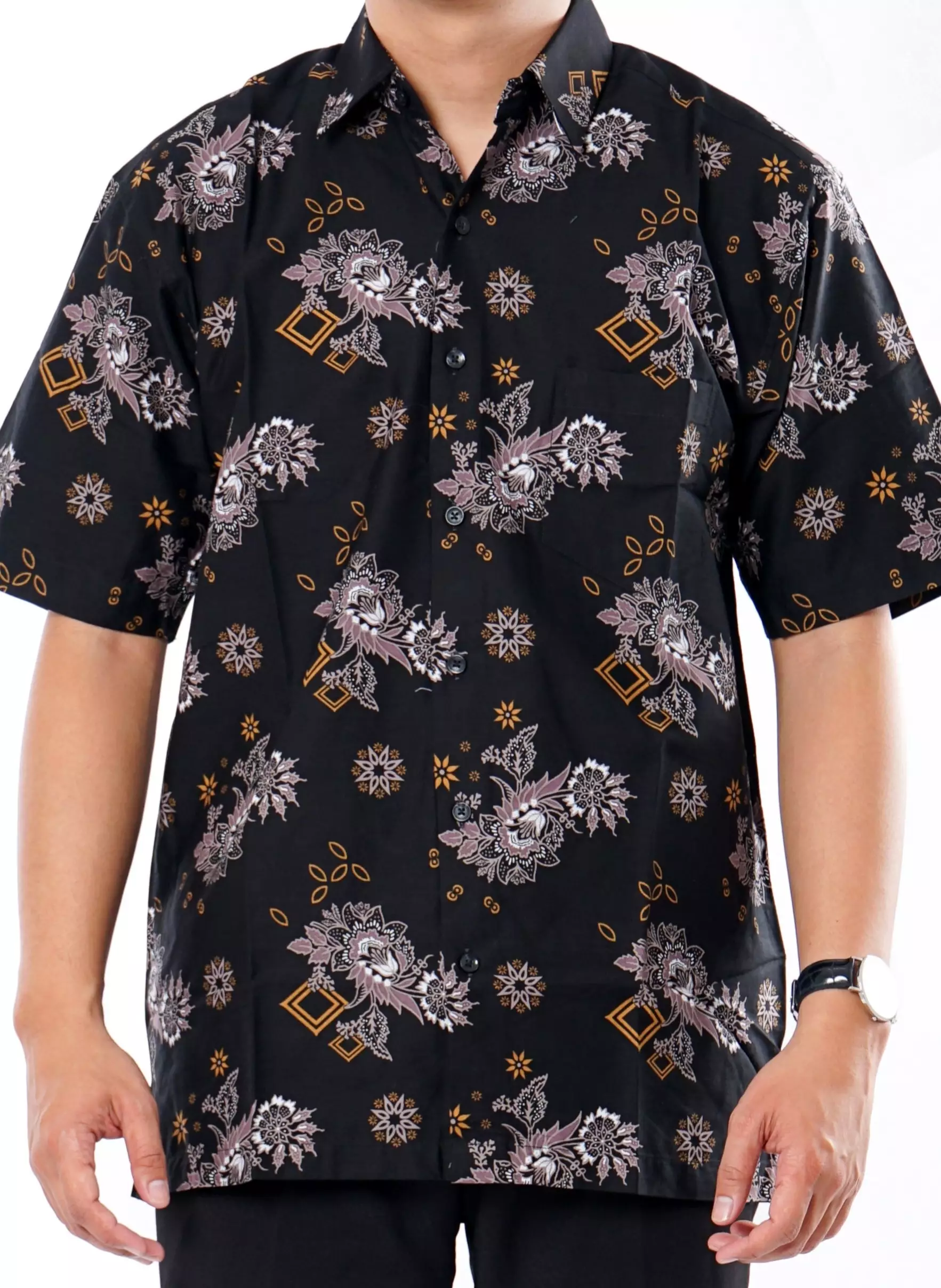 Andre Michel Kemeja Batik Lengan Pendek Hitam Bunga Cokelat 16709