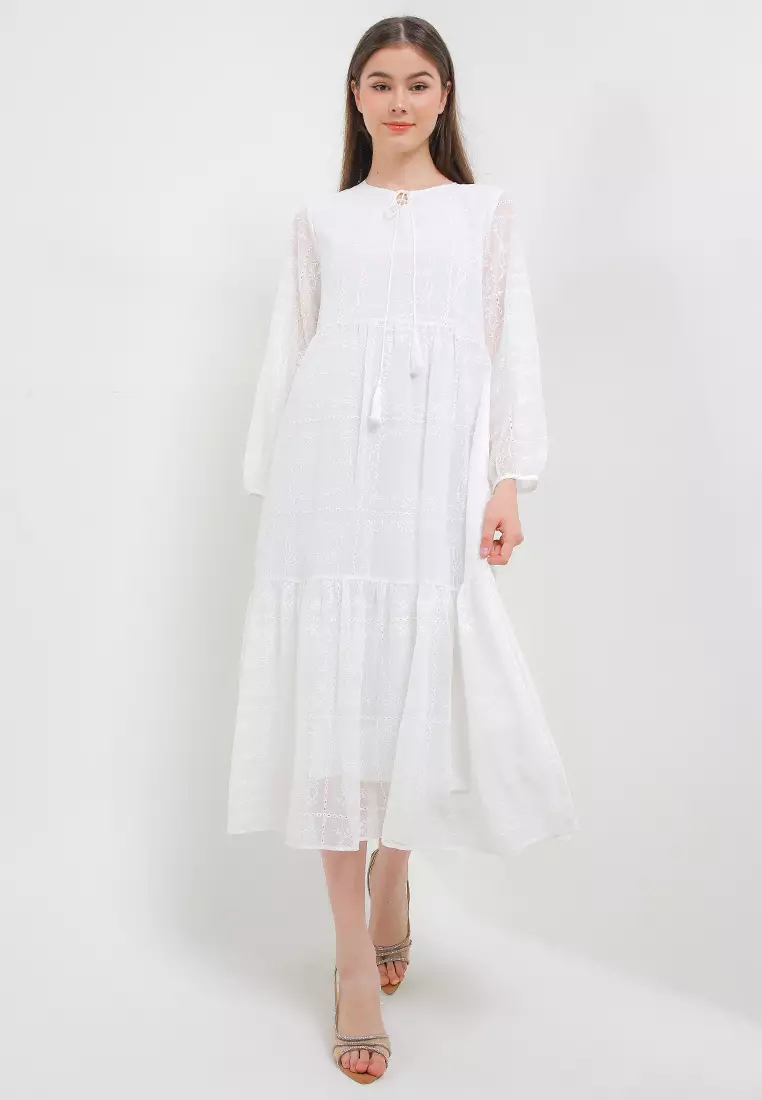 3 Tier Emb Chiffon Long Dress W/ Tassels