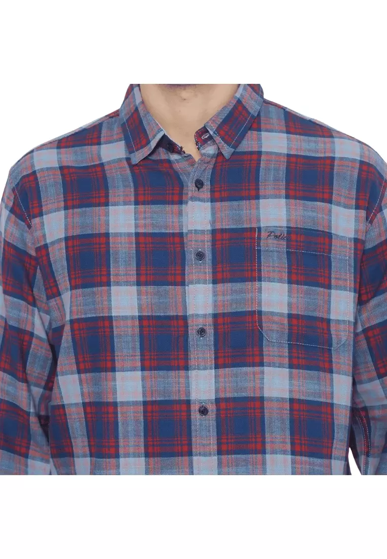 POLICE Kemeja Kotak Cotton Twill Slub Merah Biru Regular Fit Lengan Panjang Pria