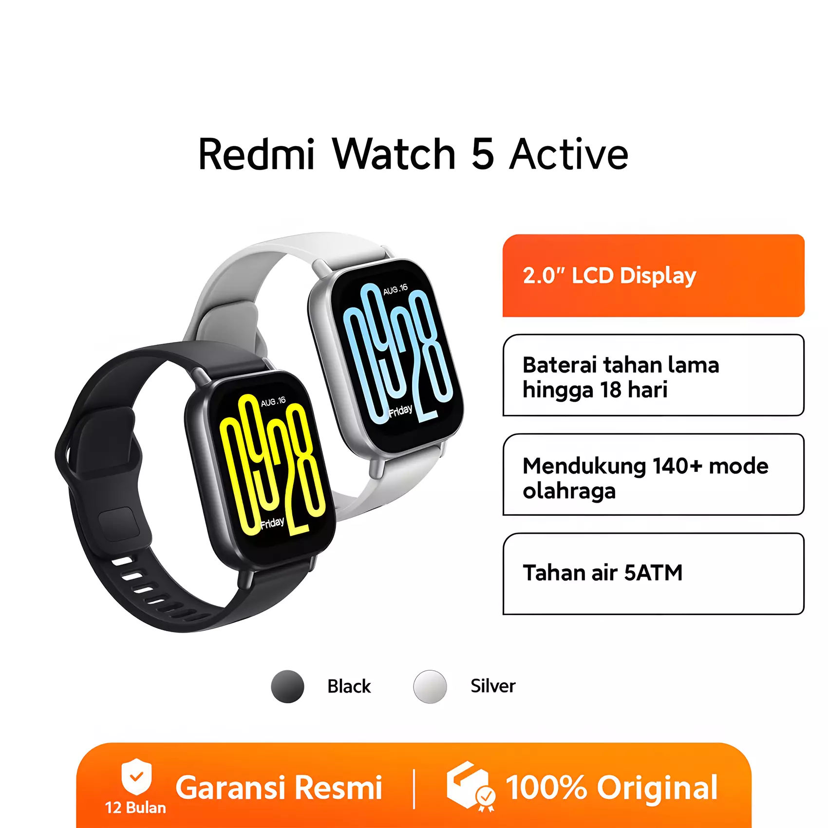Xiaomi Redmi Watch 5 Active | 2.0" LCD Display | Mendukung 140+ mode olahraga | Tahan air 5ATM | Baterai tahan hingga 18 hari | Jam tangan pintar - Midnight Black