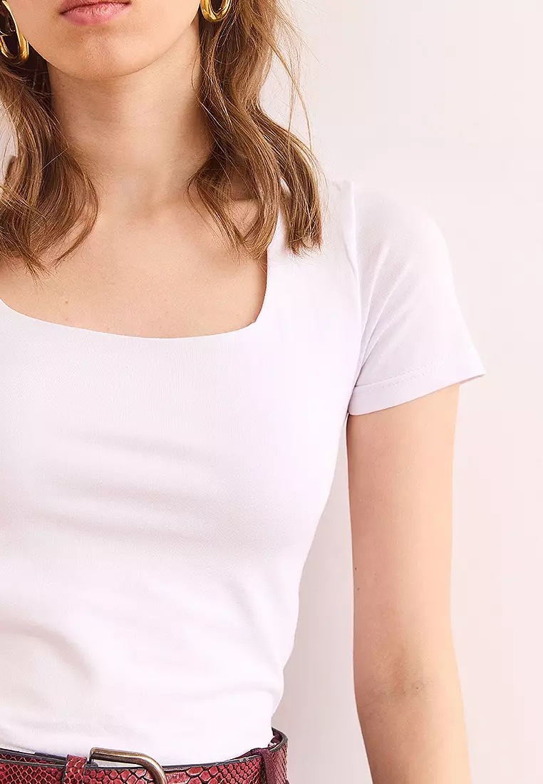 Square Neck Front Double Layer Crop Cotton Blouse