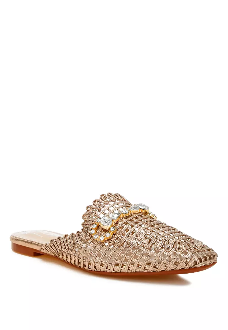 Metallic Woven Diamante Mules in Rose Gold