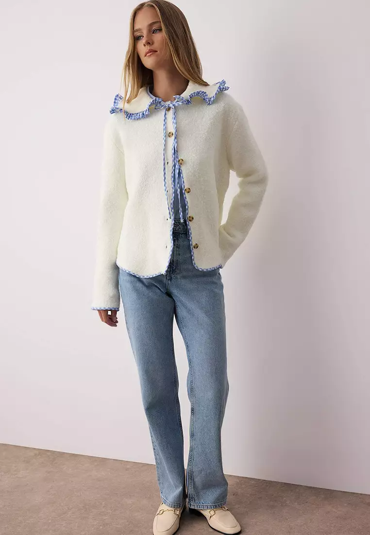 Ecru Soft Textured Garni Detailed Wide Fit Coat Look Knitwear Cardigan