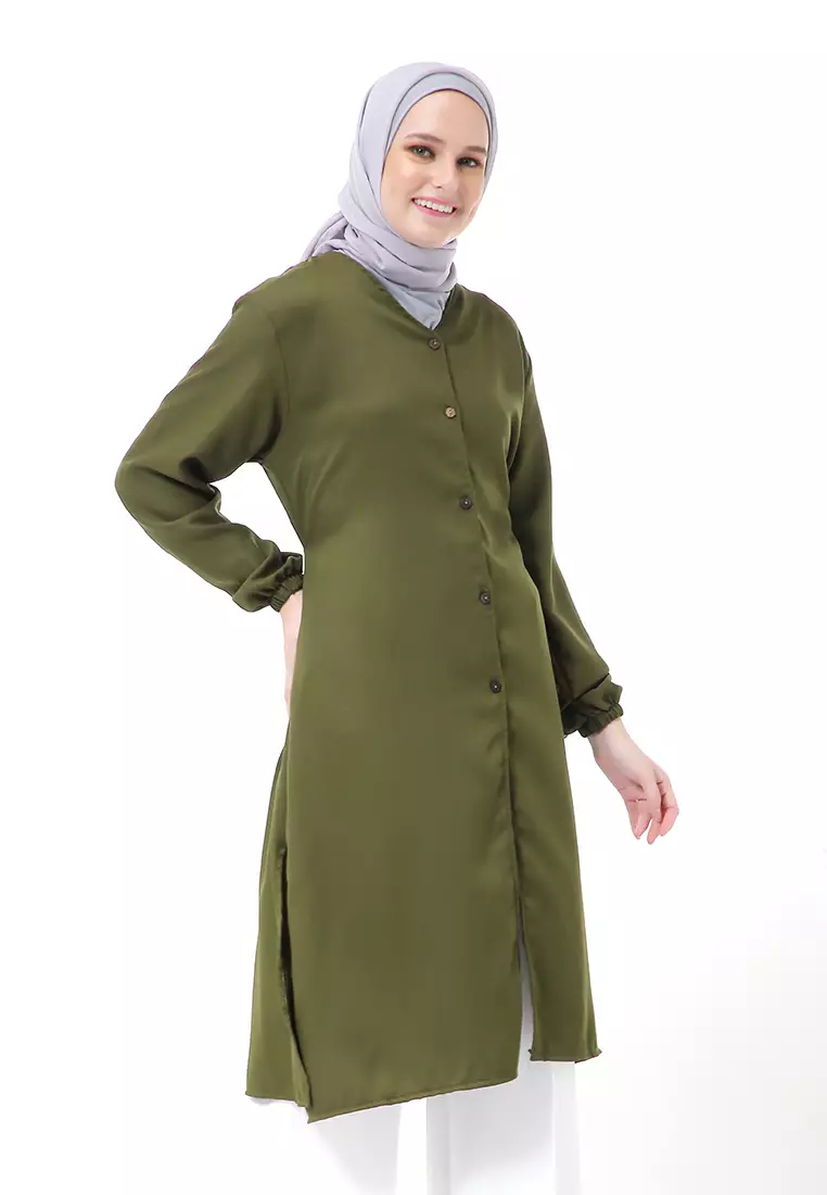 Indira Long Tunik Muslimah Atasan Wanita Long Sleeve Casual Premium Quality - Army