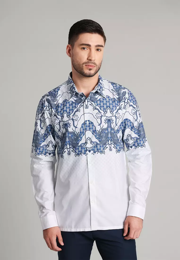 MOC - Kemeja Batik Pria Lengan Panjang Kintamani - White