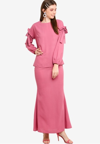 Frill Ribbon Puff Sleeve Kurung from Lubna in Purple