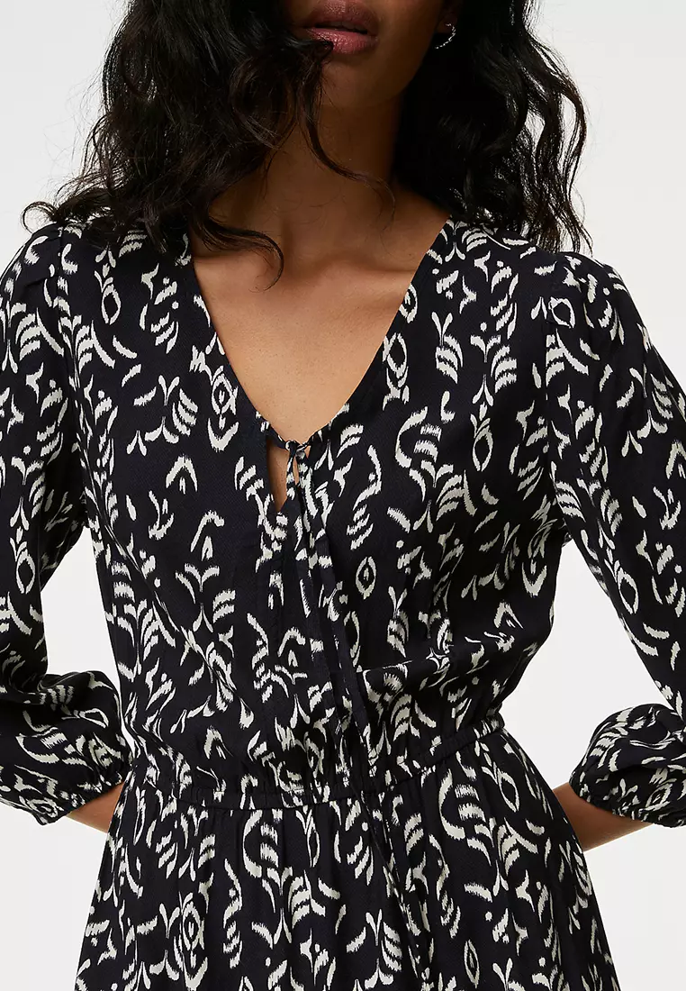 Printed Tie Neck Midi Tiered Dress