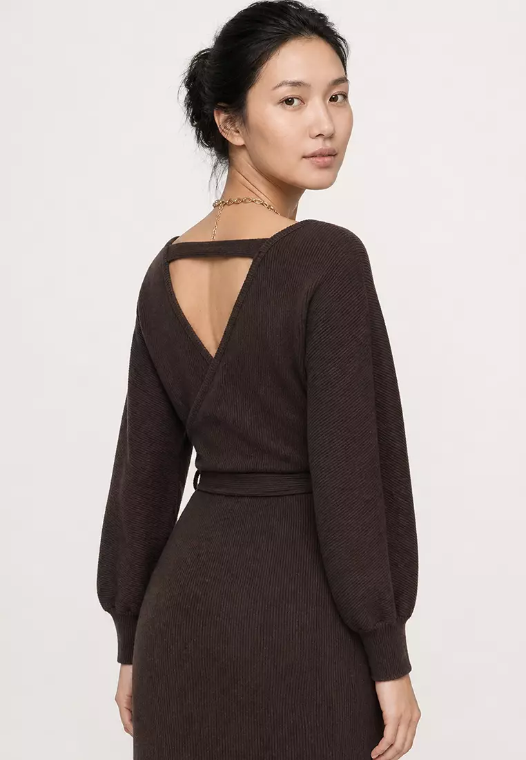 Women's Brown Double Breasted Batwing Sleeve Waist Belted Camisole Dress