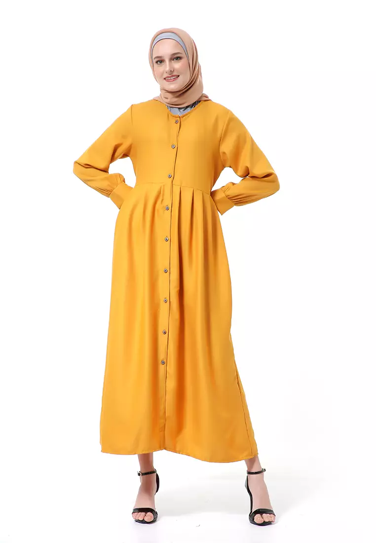 Kiyah Dress Button Muslimah Atasan Wanita Long Sleeve Premium Quality - Mustard