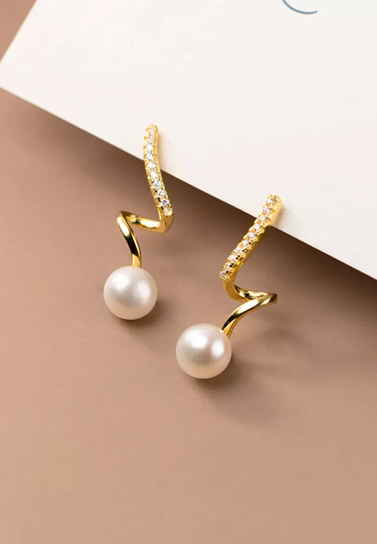 925 Silver Gold Plated Spiral Faux Pearl Earrings JW AR-M01676