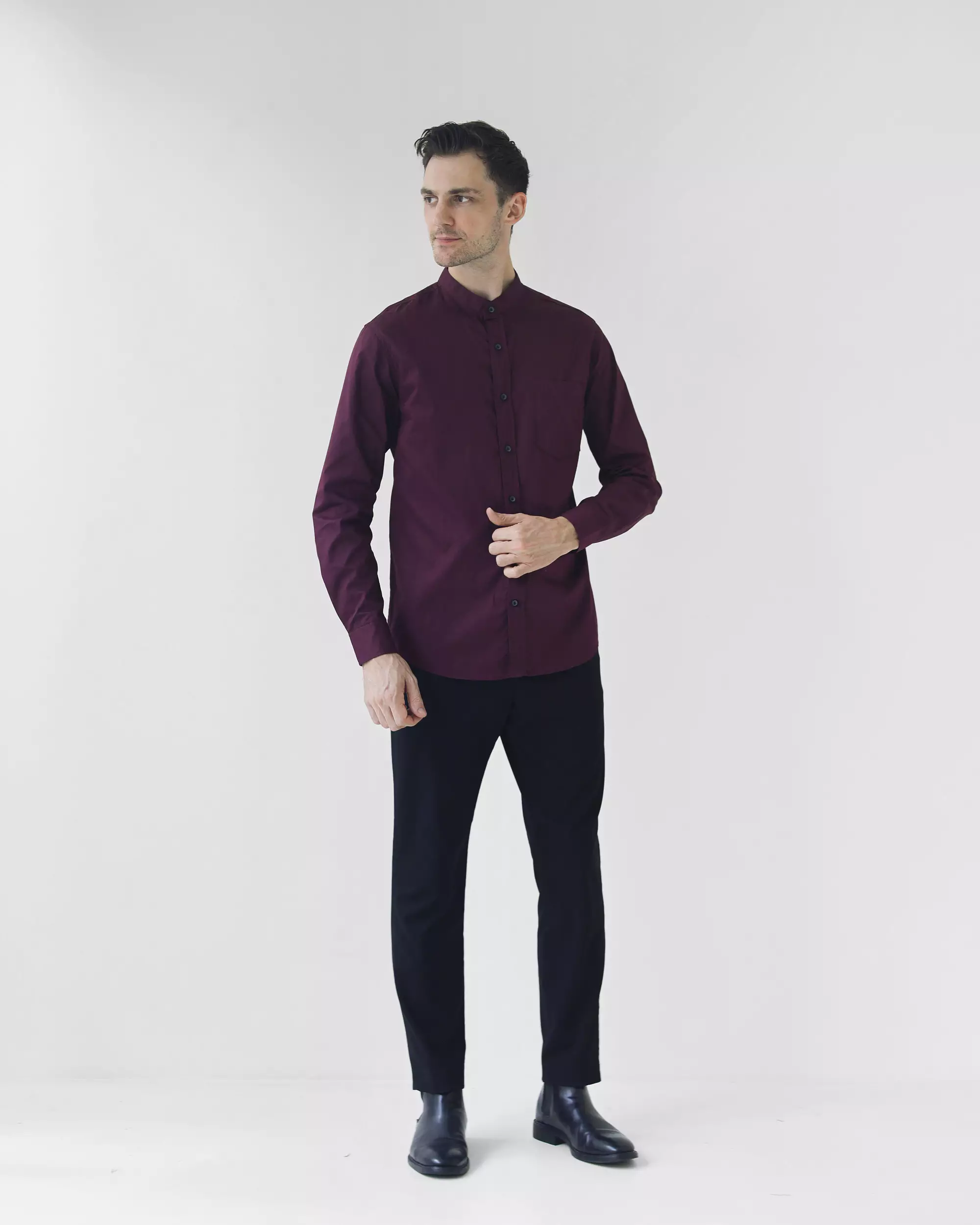 Cotton Well Badr Stand Collar Shirt Maroon | Kemeja Koko Lengan Panjang Merah Burgundy