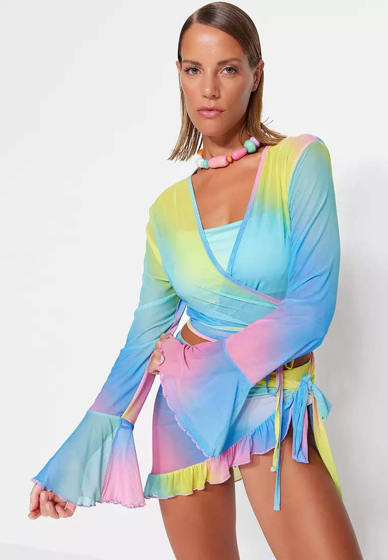 Gradient Patterned Knitted Tied Mesh Blouse Skirt Set