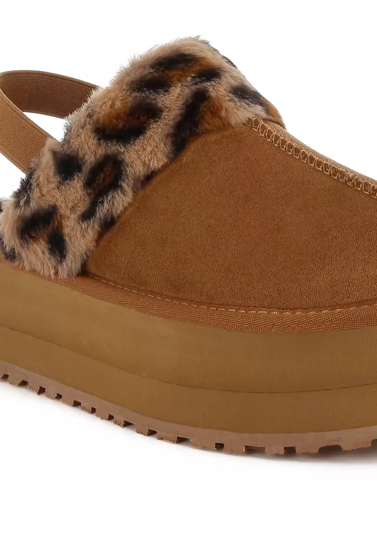 Platform Bulu Imitasi Motif Macan Tutul Slingback Klasik dalam Warna Tan