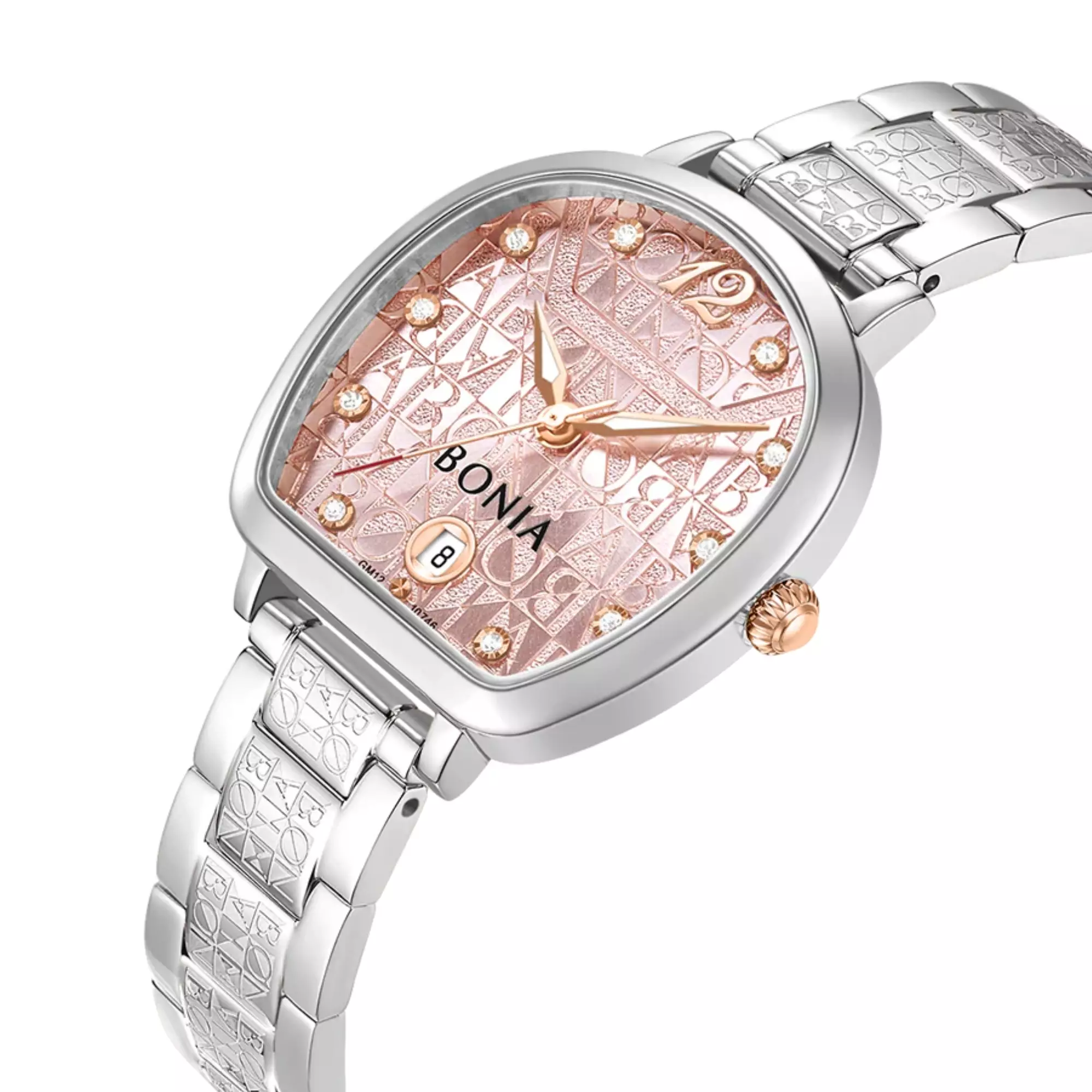 Jam Tangan Wanita Bonia Sonia Pink Monogram Dial Stainless Steel Strap Analog B10746-2375 Original